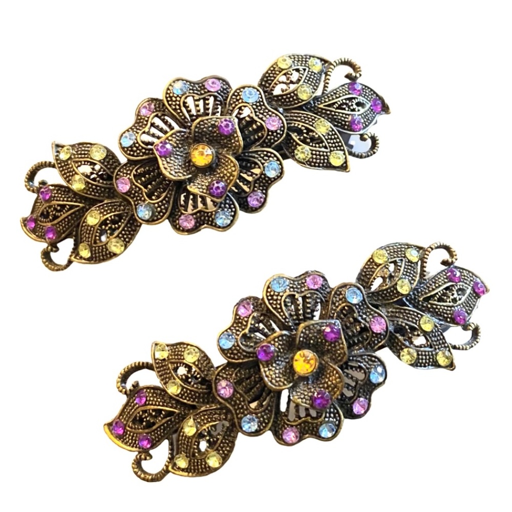 Antique Silver Tone Floral Crystal Barrette Pair - Picture 1 of 5